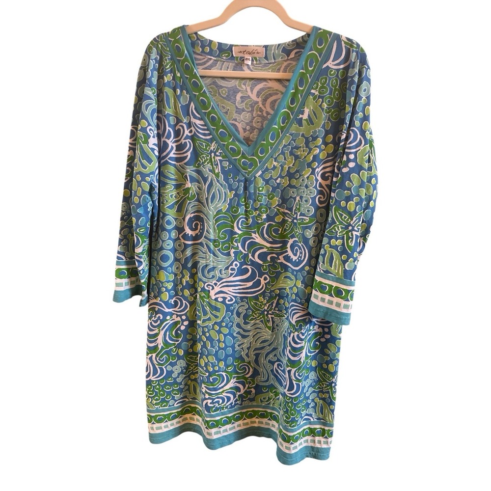 Tabi Short And Plus Woman's 2XL Blue Green Beach Coverup Resort Cruise Dress